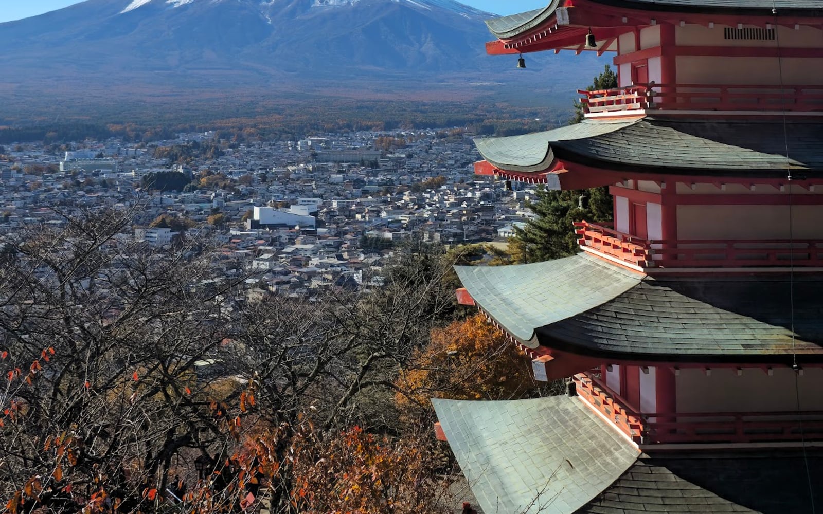 Chureito Pagoda with Mount Fuji beyond the hillside