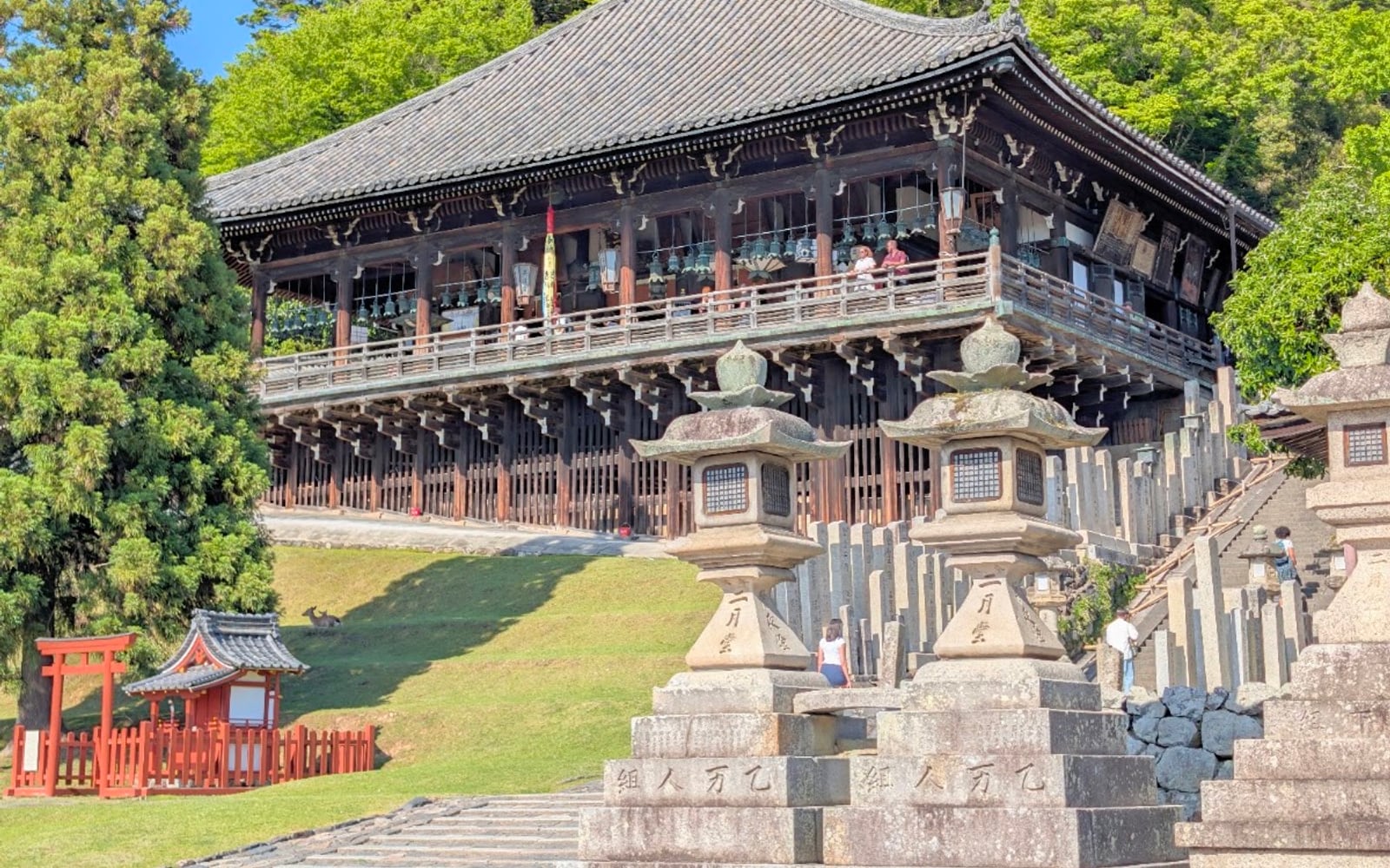 Nigatsu-do hall above stone lanterns with a deer on the slope