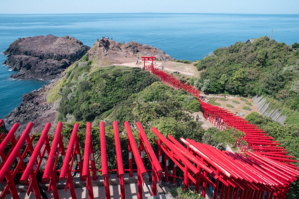 Row of red torii gates descending cliff to the sea at Motonosumi